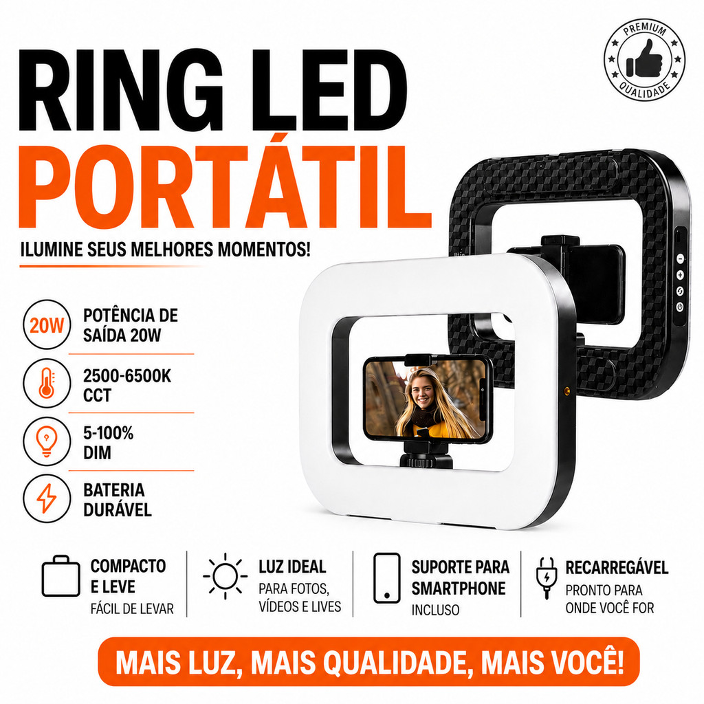 Luz de Preenchimento LED Portátil Quadrada 20W com Suporte para Celular e Controle de Brilho – SLF-21