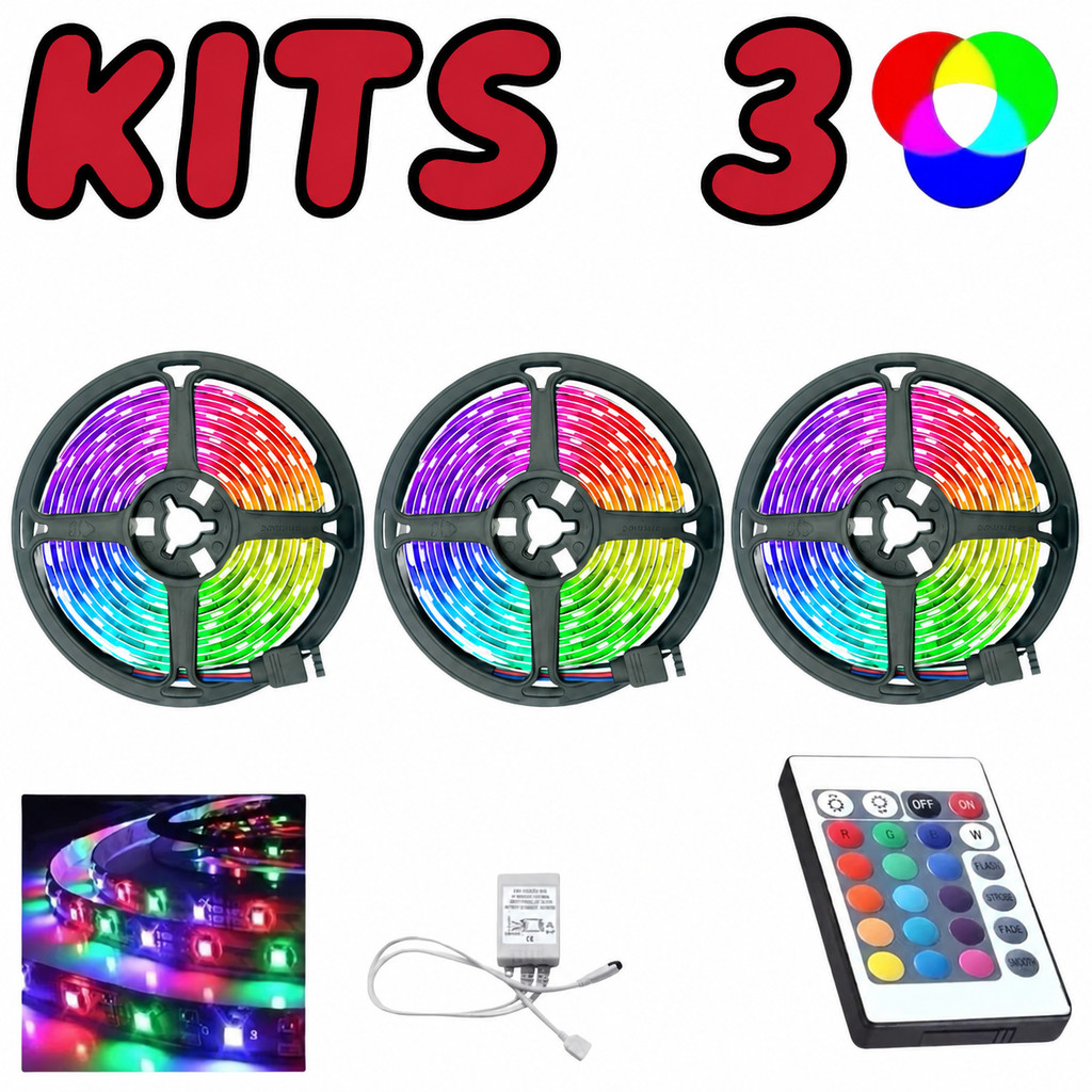 Kits 3 LED Strip RGB 5M com Controle Remoto Luz Neon Decorativa para Sala Gamer