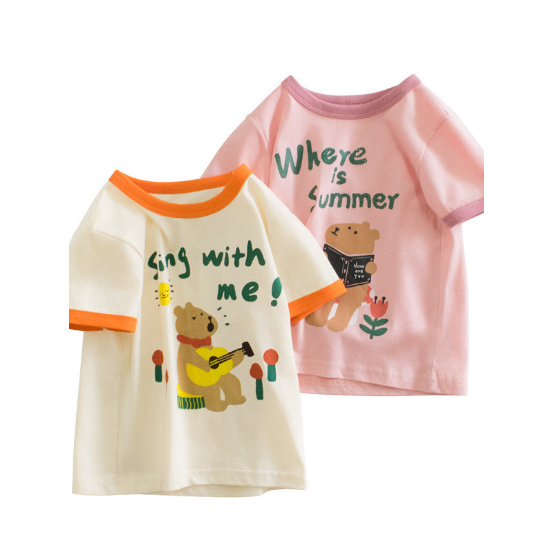 27home marca puro algodão meninas camiseta de manga curta verão 2026 médio pequeno crianças Casual estilo ocidental urso