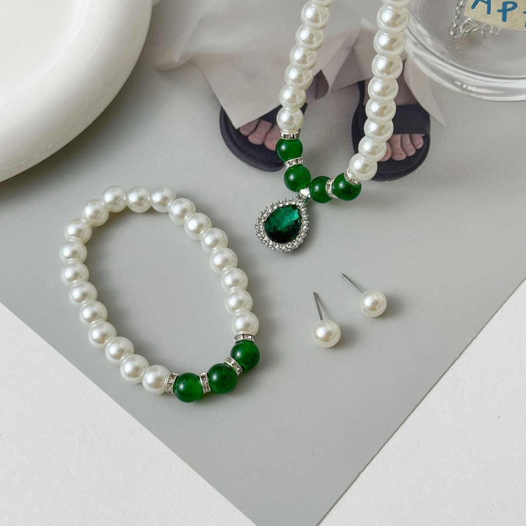 Colar de pérola, colar de esmeralda, conjunto de pulseira para a mãe.