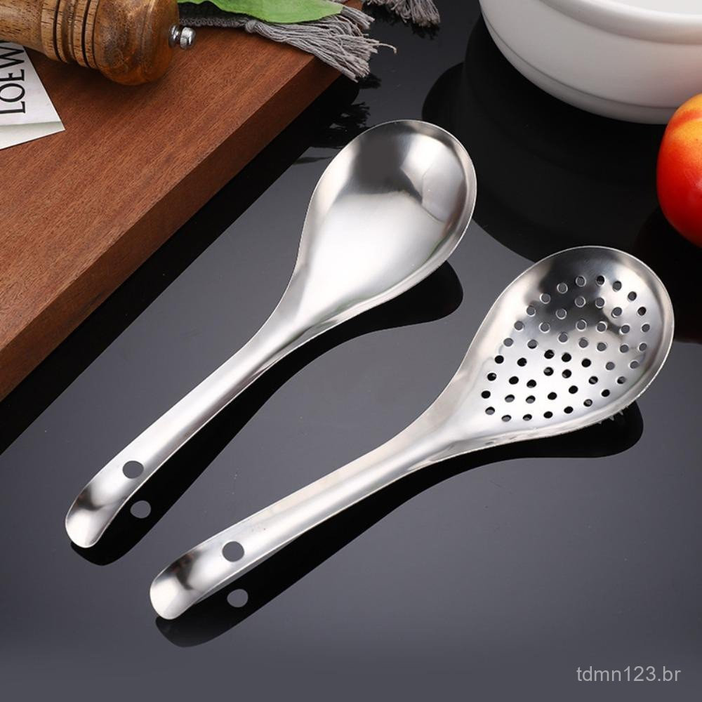 Colher coador, filtro de cozinha em aço inoxidável 304, feito de materiais seguros, com bordas lisas.