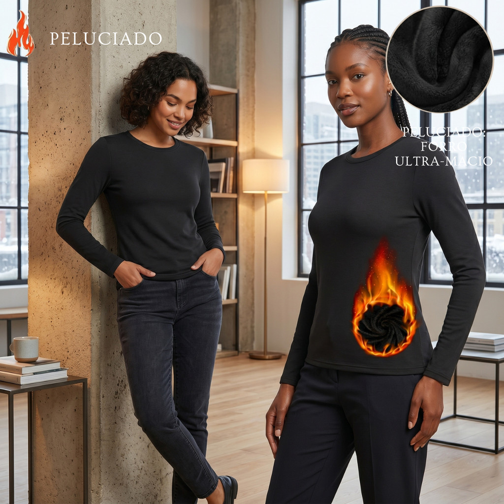 Kit 2 Camisa Térmica Feminina Peluciada Manga Longa Segunda Pele Flanelada Inverno Proteção