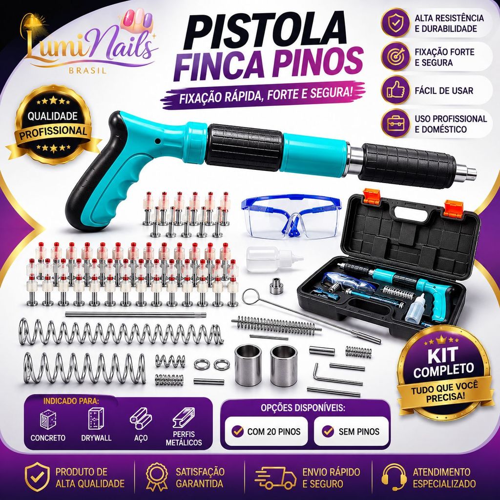 Pistola de Fixação Profissional Finca Pinos com Kit Completo | Ferramenta para Concreto Aço Drywall e Estruturas