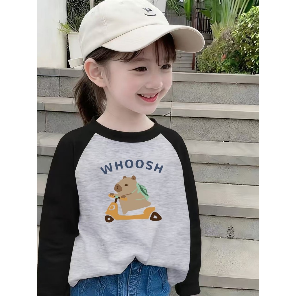 Meninas de manga comprida puro algodão camiseta crianças primavera contraste cor roupas meninas primavera outono solto r