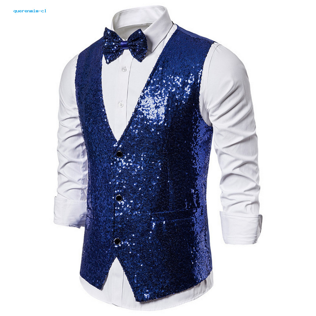 Button Closure Men Vest Jacket Solid Color Sleeveless Men's Sequin Bow Tie Set Slim Fit Waistcoat Single-breasted V-neck