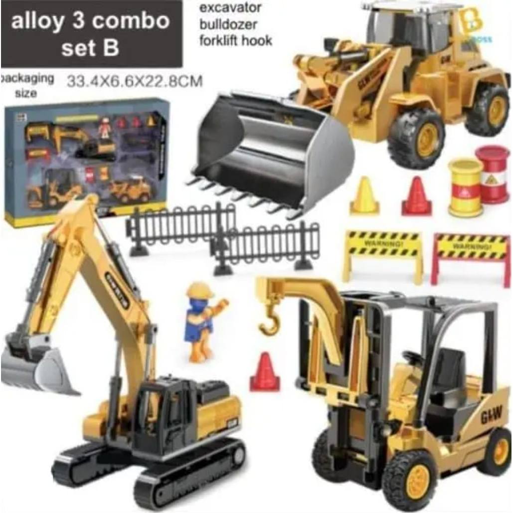Kit 3 Carros e Acessorios Brinquedos Escavadeira Empilhadeira Caminhão Die cast Móvel