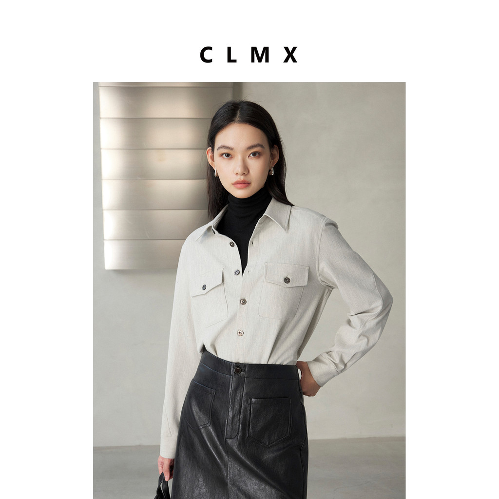 CLMX Dupla Face Acetato Escovado Modal Misturado Tecido Simples Leve Estilo Cargo Patch Bolso Lapela Camisa de Manga Com