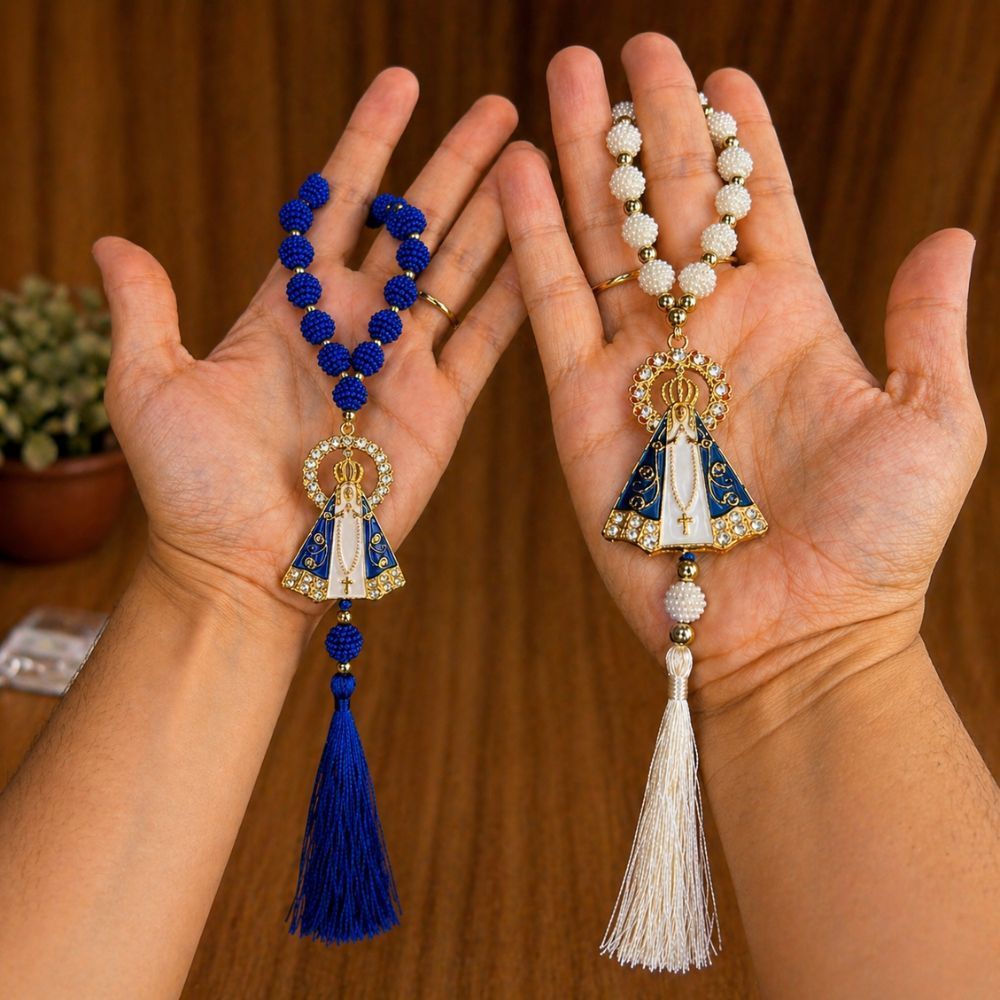 Kit Terço Retrovisor Imagem Nossa Senhora Aparecida para Carro e Decoração Católica Dezena Presente