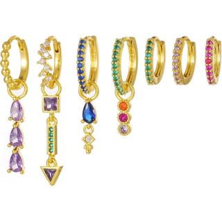 Conjunto de 7 Brincos de Argola Dourados, Brincos Coloridos Hipoalergênicos com Múltiplos Piercings, Brincos Pendentes e