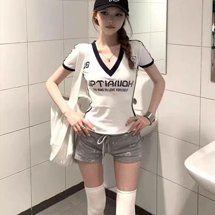 260g Modal American Hot Girl Jersey com decote em V Camiseta de manga curta feminina verão novo estilo Slim-Fit Slimmer