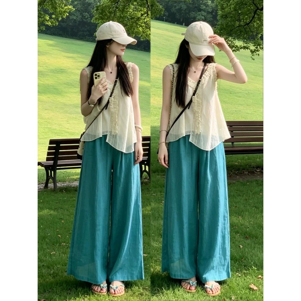 G Conjunto completo ootd um estilo coreano estilo férias Chiffon renda Top conjunto de calças casuais