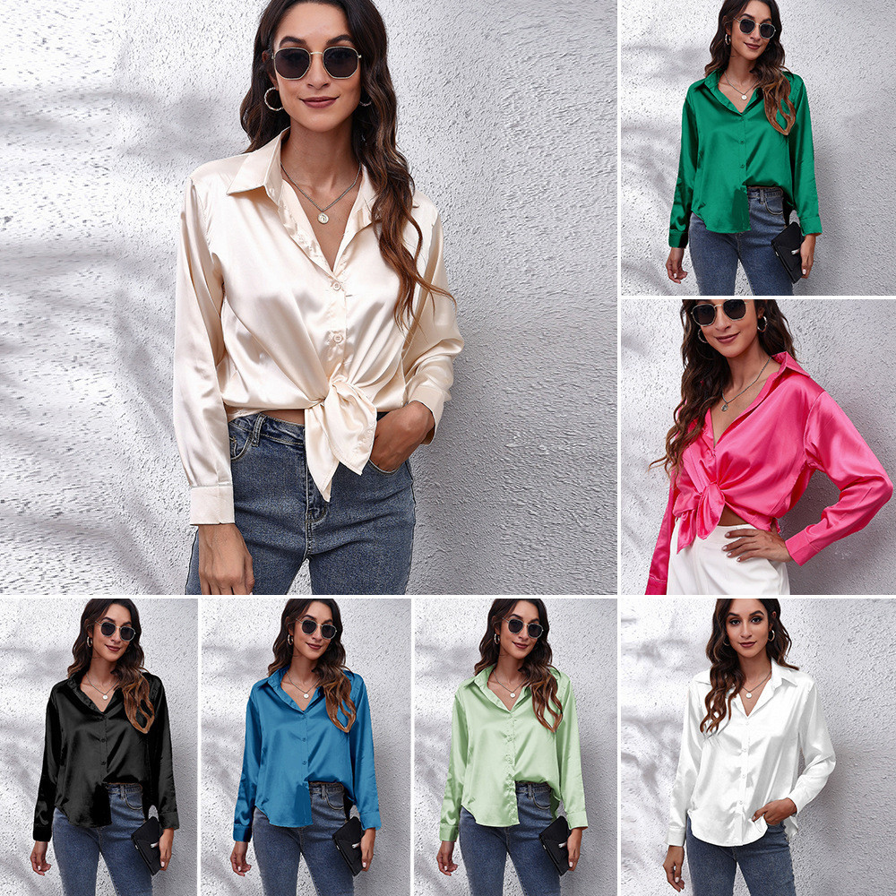 Camisa de cetim feminina, blusa de manga comprida em imitação de seda, nova roupa feminina.