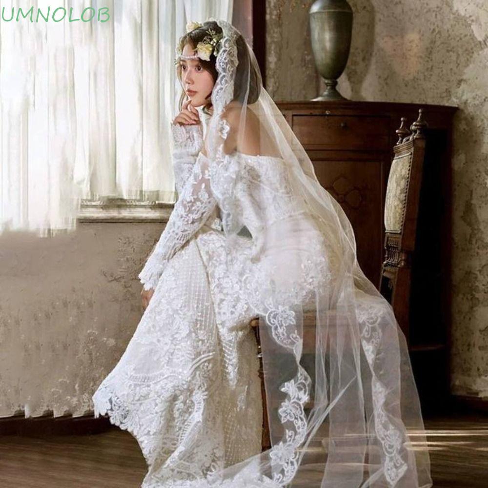 Véu De Noiva UMNOLOB , Véus De Casamento Longos Com Flores De Renda , Gaze De Cabeça De Tule Macio Branco De Camada Únic