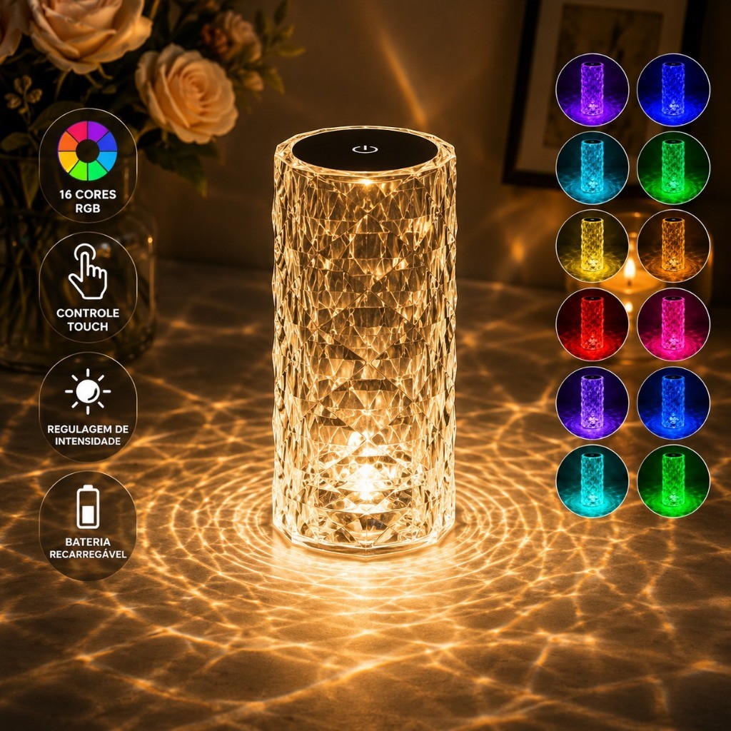 Luminária LED RGB Diamante Crystal Touch com Controle | 16 Cores | Recarregável USB-C | Abajur Decorativo