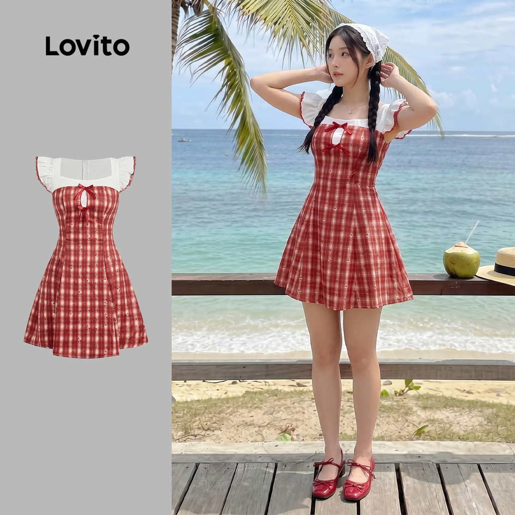 Lovito Férias Vestido Vermelho Com Laço E Renda Perfeito Para a Primavera/verão Bordado L144AD382