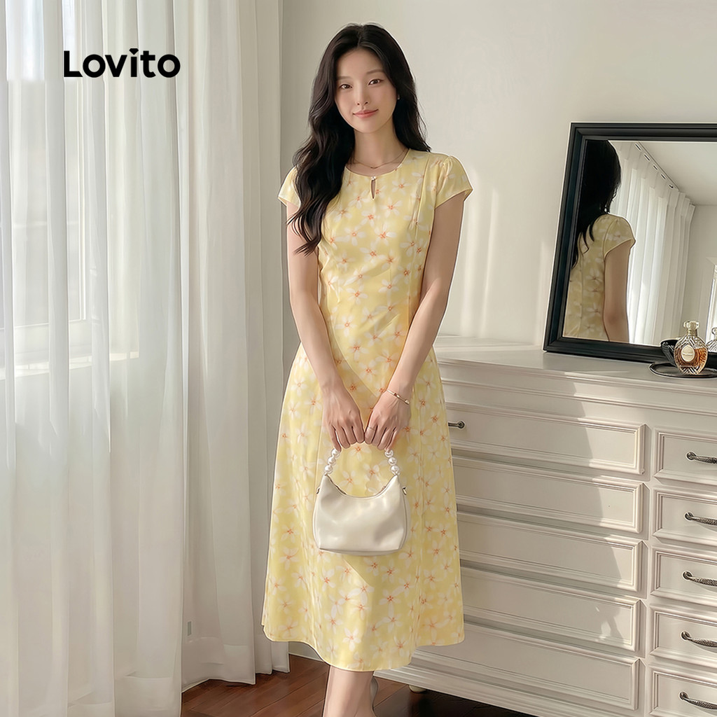 Lovito Elegante Vestido Pregueado Primavera/verão Vestido Amarelo para mulheres L142ED048