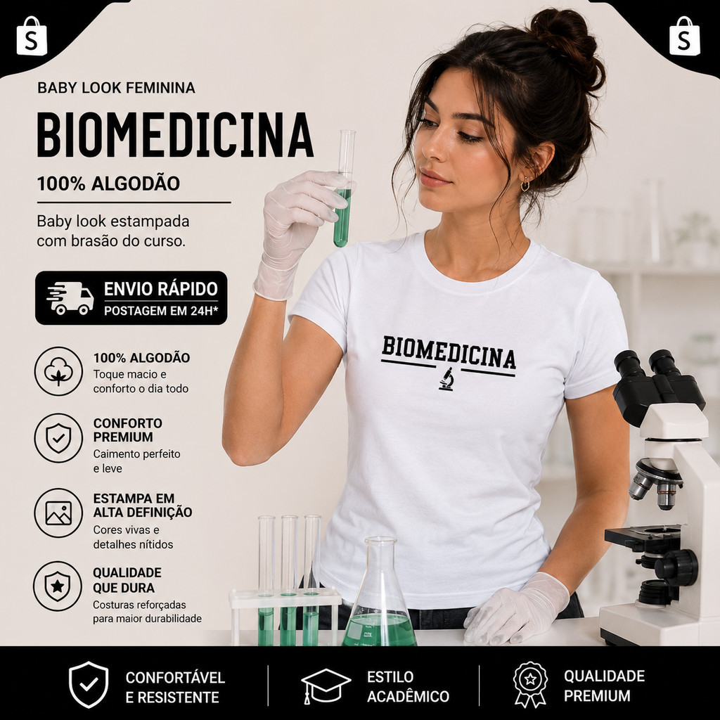 Blusa Baby Look Biomedicina Feminina Faculdade Brasão Curso 100% Algodão Premium