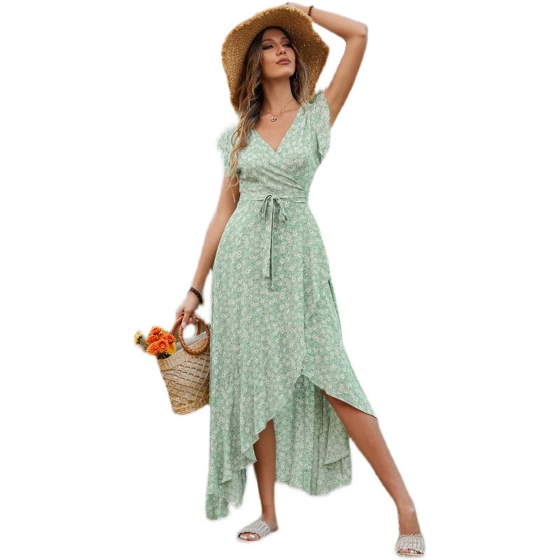 Verão novo estilo com decote em V Floral algodão seda fino ajuste rendas Irregular folha de lótus manga vestido saia lon