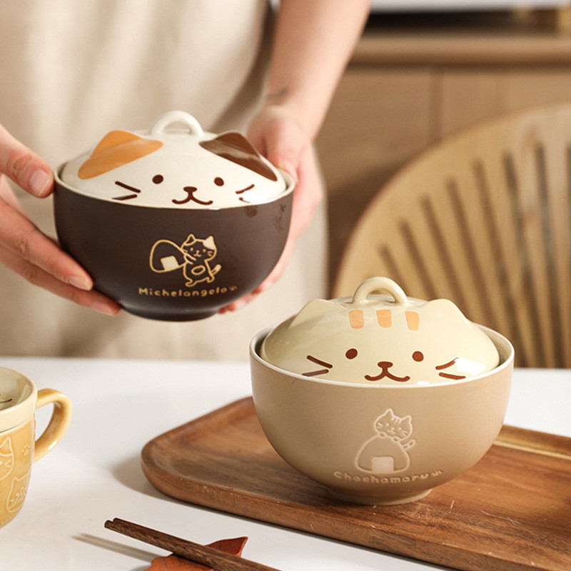 Tigela de cerâmica estilo japonês com estampa de gato fofo, tigela com tampa de grande capacidade, tigela de sopa person