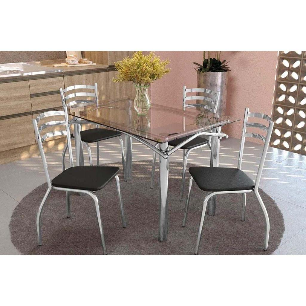 Conjunto: Mesa de Cozinha Elba c/ Tampo Vidro 120cm + 4 Cadeiras Portugal Cromado/Courano Preto - Kappesberg