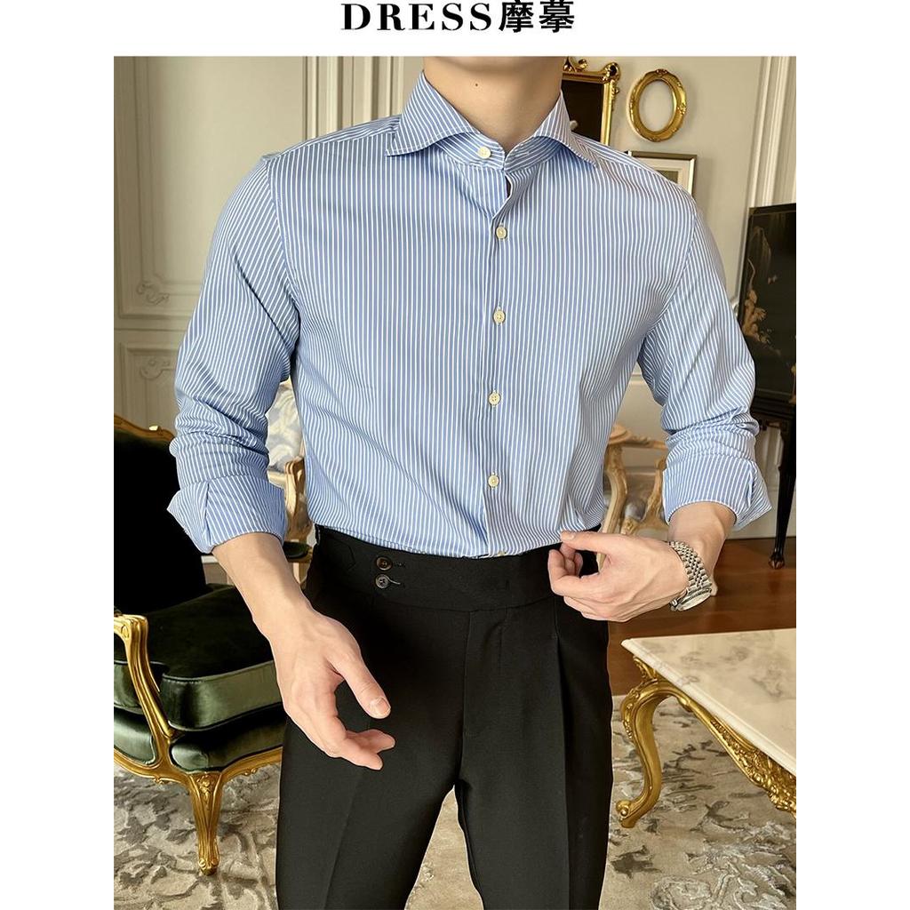 Clássico Windsor colarinho Vertical listrado camisa masculina cavalheiro britânico fino-ajuste na moda moda negócios cam