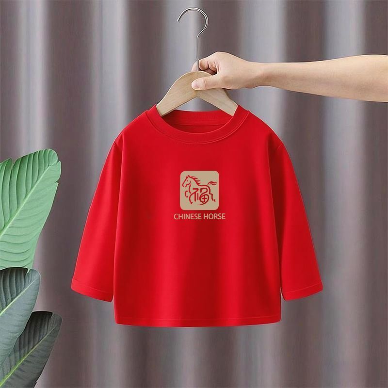 2026 ano novo do cavalo crianças vermelho manga comprida camiseta puro algodão primavera outono inverno meninos topos ro