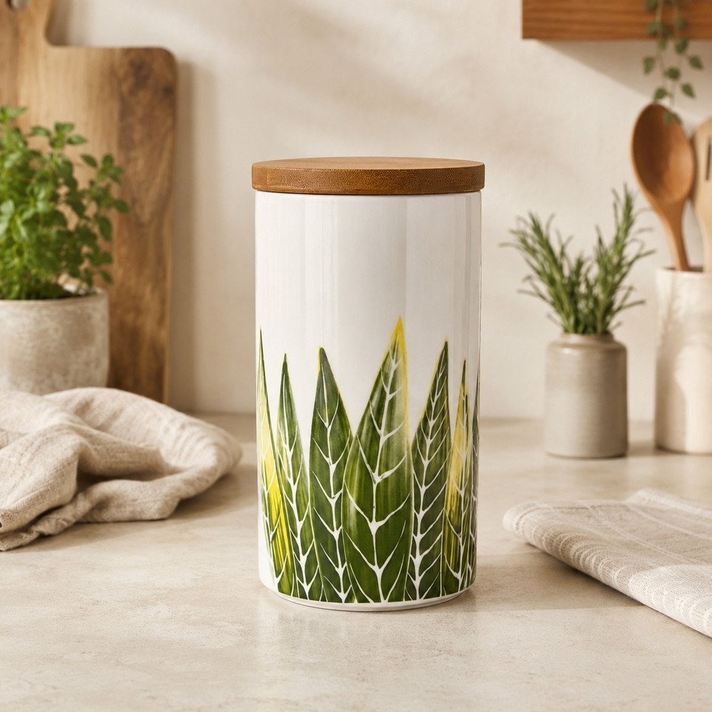 Pote Potiche Decorativo Grande Cerâmica Folhas Verdes e Bambu 1,5L