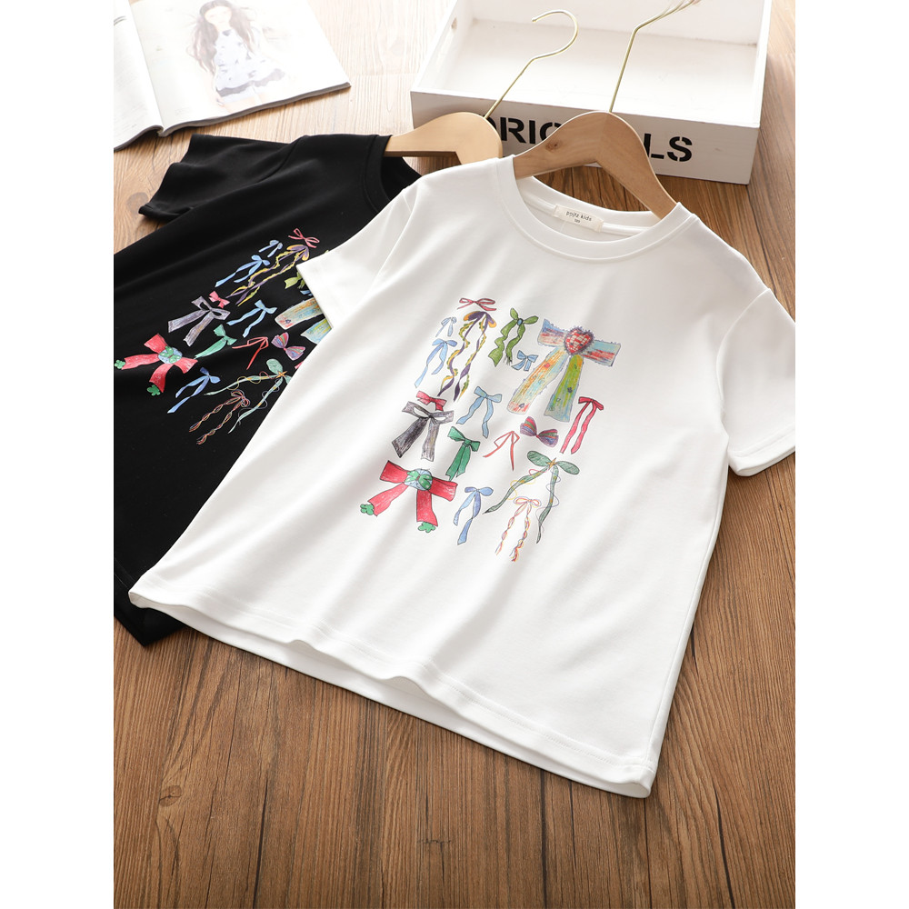 Meninas Digital impresso arco de manga curta camiseta médio grande crianças puro algodão gelo coreano Casual verão topo 