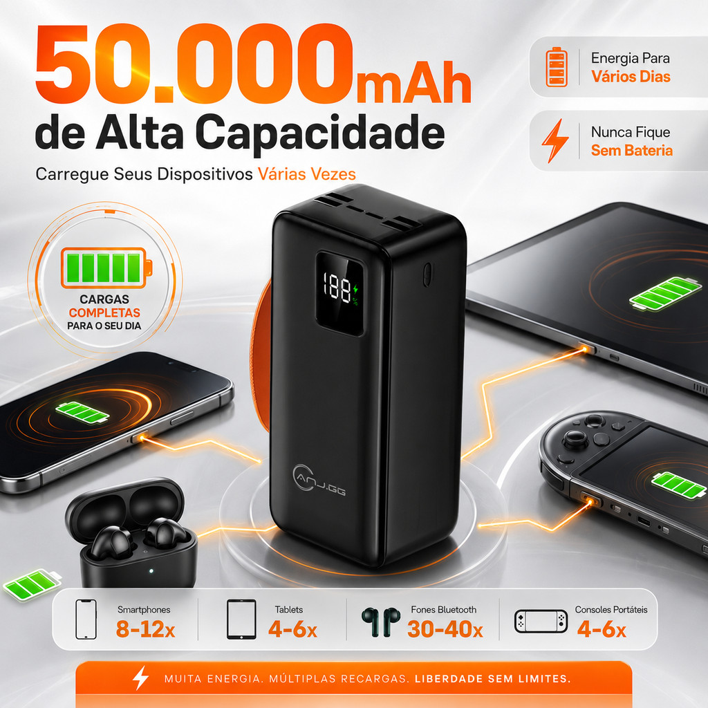 Carregador Portátil Bateria Power Bank 50000mah Turbo 22.5W PD carregamento ultrarrápido