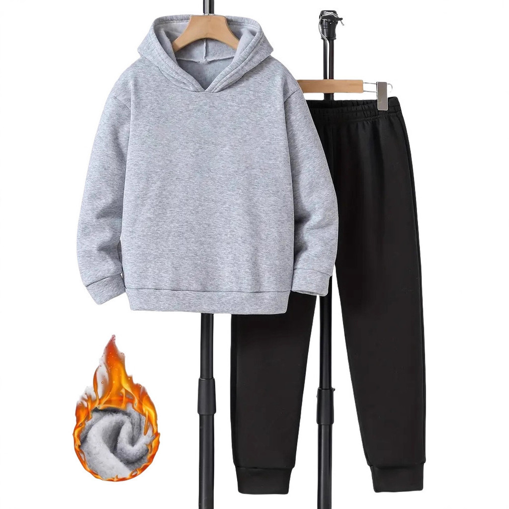 Conjunto infantil de outono e inverno, jaqueta com capuz de cor sólida, conjunto de moletom estilo pullover.