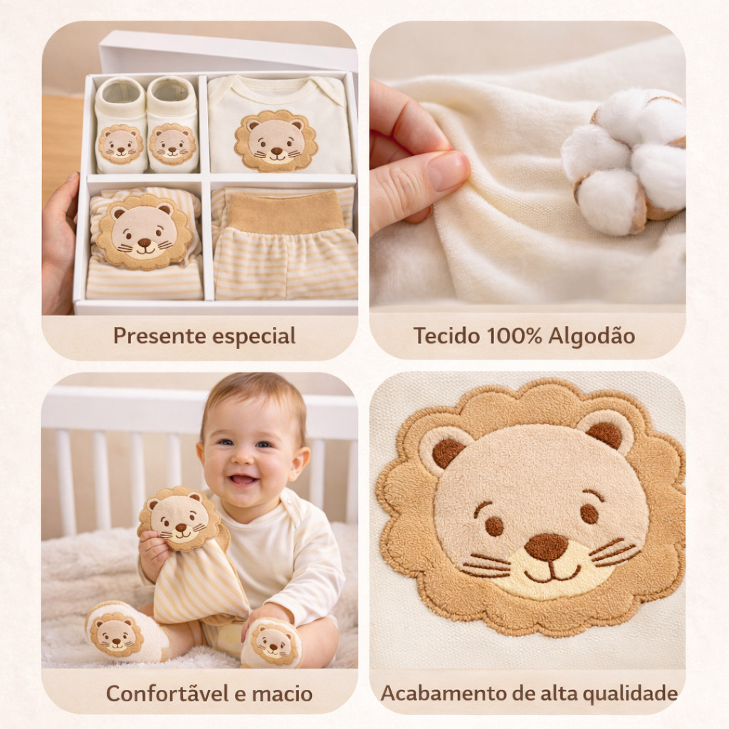 Presente Bebê Recém Nascido 4 Peças Body Longo Calça Mijão Sapatinho Meia Pantufa 3D Naninha Enxoval