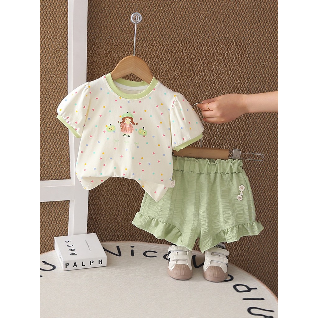 Feminino bebê verão estilo ocidental bonito de manga curta terno de duas peças menina verão roupas da moda do bebê crian