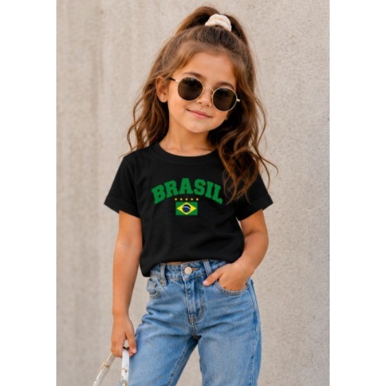 Camiseta Infantil Menina Brasil Copa do Mundo Blusa Cute Algodão Tecido macio Confortável