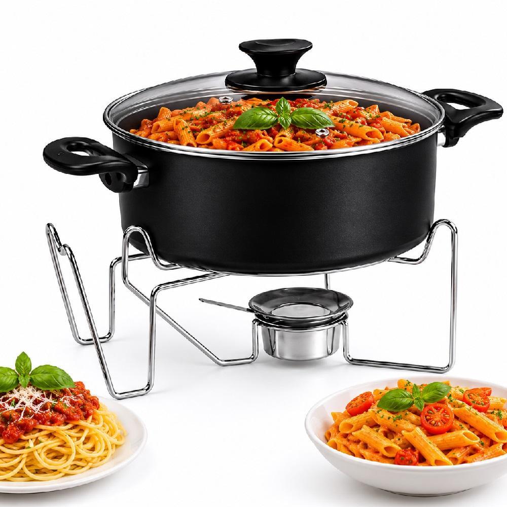 RECHAUD BUFFET 5L COMPLETO PANELA ANTIADERENTE TAMPA VIDRO FOGAREIRO SUPORTE CALDOS SOPAS FESTAS