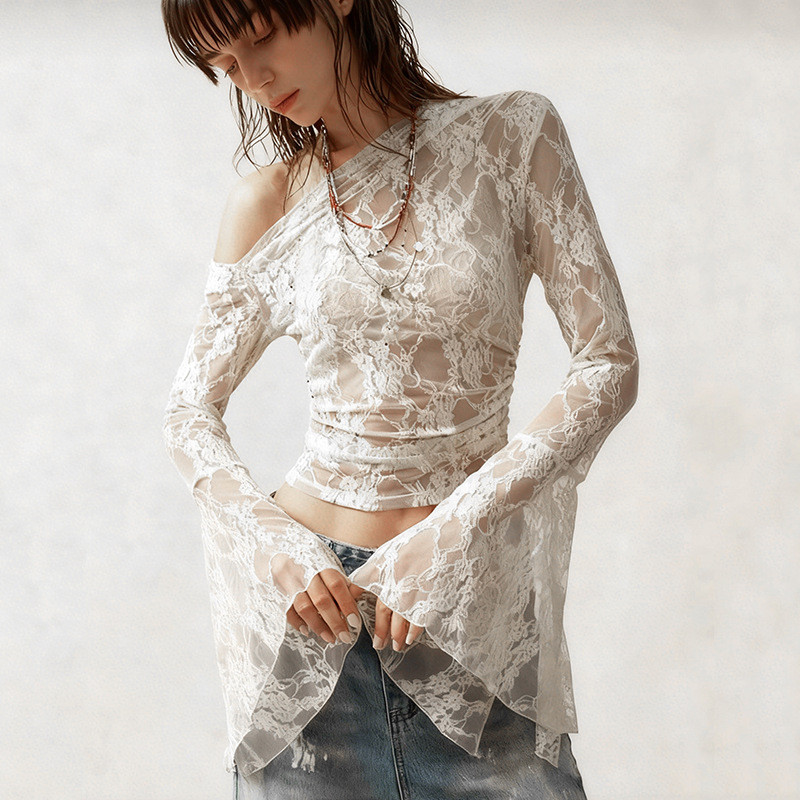 cropped Feminino Estilo INS diagonal Ombro Manga Larga Renda Comprida top sexy Camiseta Capa
