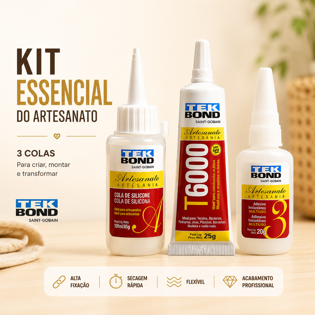 Kit  Artesanato com 3 Colas Tek Bond Cola de Silicone 100ml / Cola T6000 de 25g e Cola Instantânea N°3