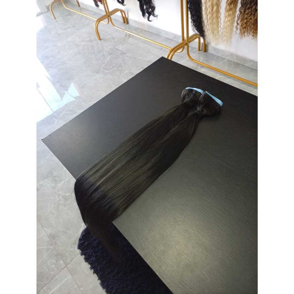 Aplique de Cabelo na Fita Adesiva Mega Hair Natural Fibra Russa Liso Preto 60cm Premium