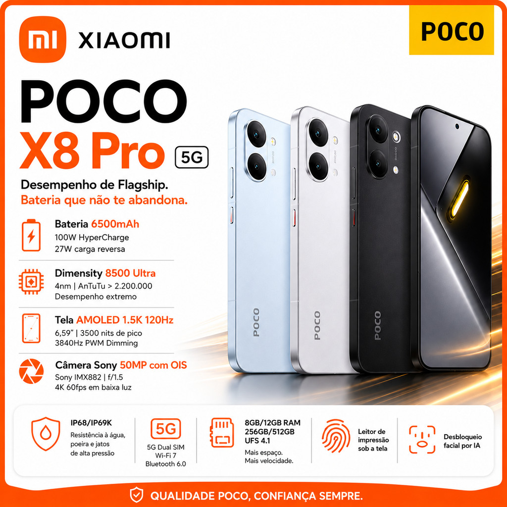 Celular Xiaomi POCO X8 Pro 5G 512GB 12GB RAM 50MP 120Hz AMOLED 6500 mAh Original Novo Lacrado Global 2026