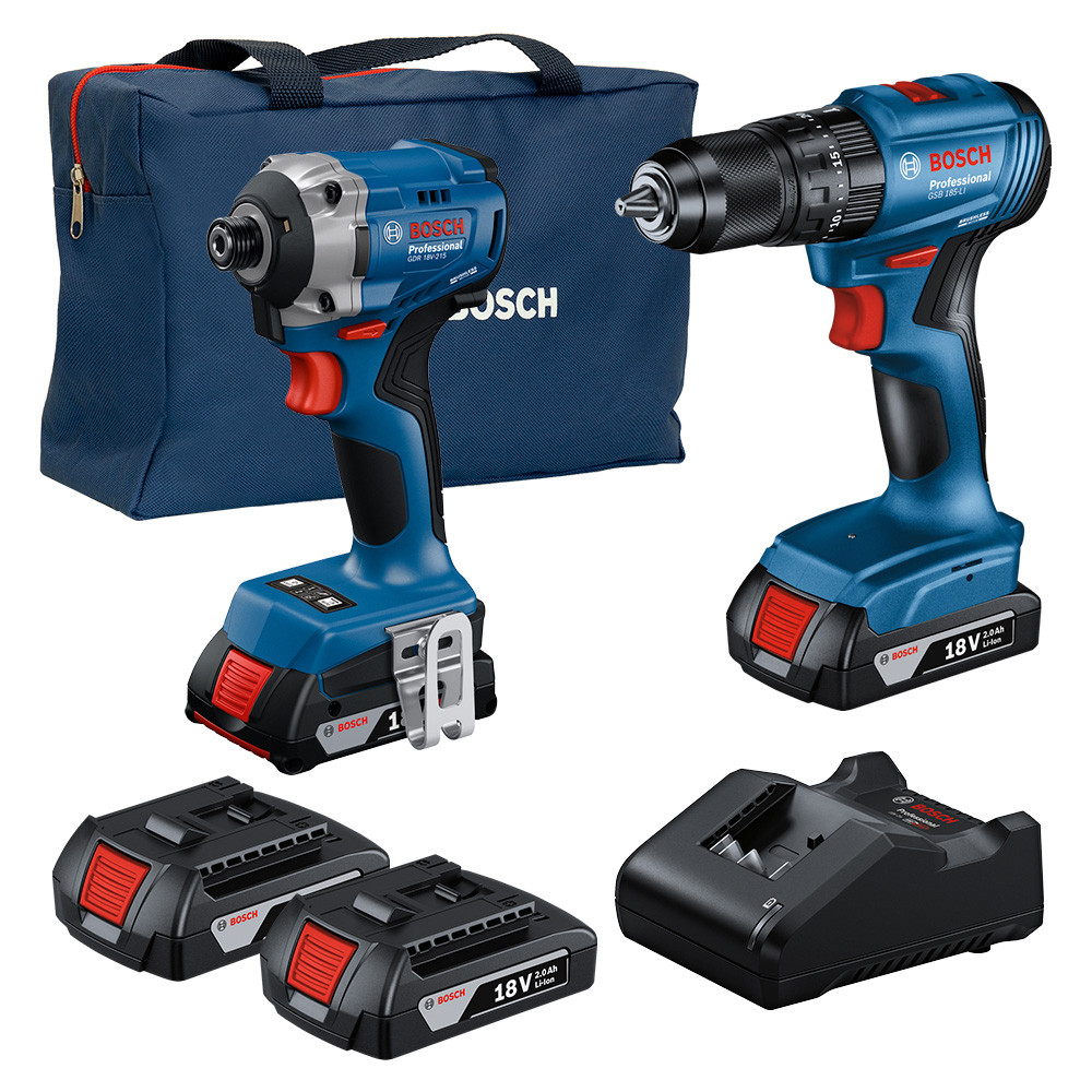 Parafusadeira e Furadeira Imp 1/2" GSB 185-LI + Parafusadeira Imp 1/4" GDR 18V-215 + 2 Baterias 2Ah + Carregador Bosch