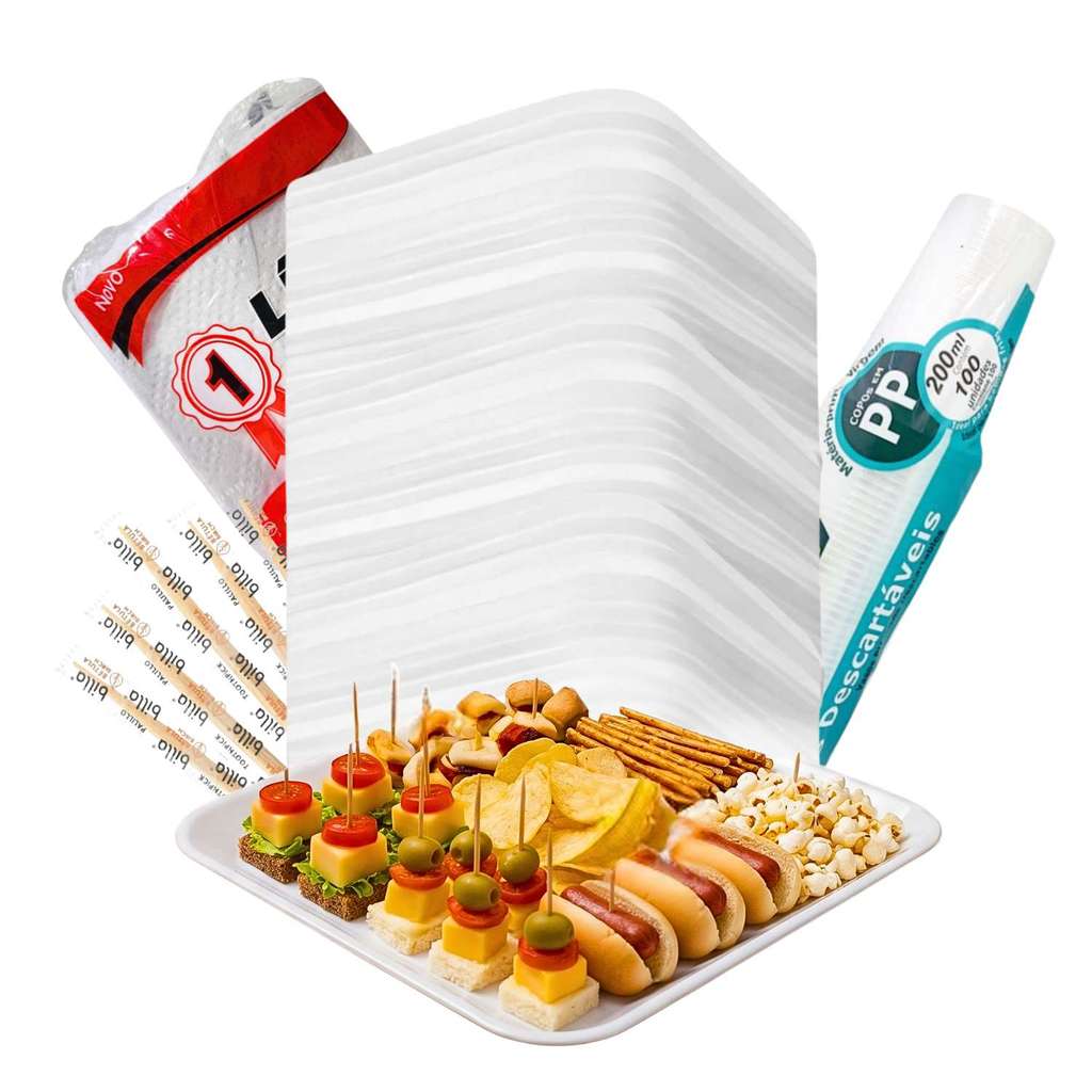 Kit Bandeja B1 Funda 100 Uni +Palito 2000 Uni +Copo 200ml 100 Uni + Guardanapo 20x20 Com 10 Pacotes