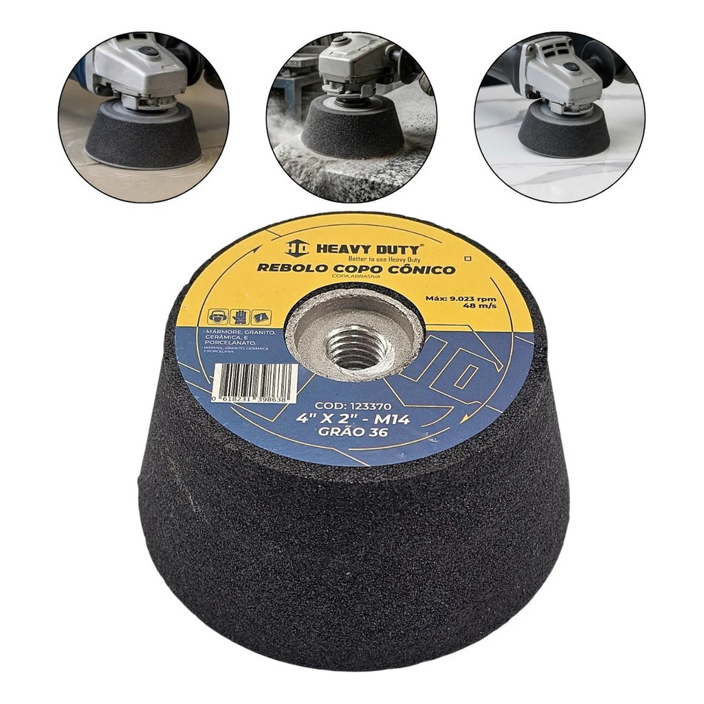 Rebolo Tipo Copo Cônico Heavy Duty Rosca M14 4 Pol x 2 Pol Desbaste Profissional Marmoraria Obra Reforma