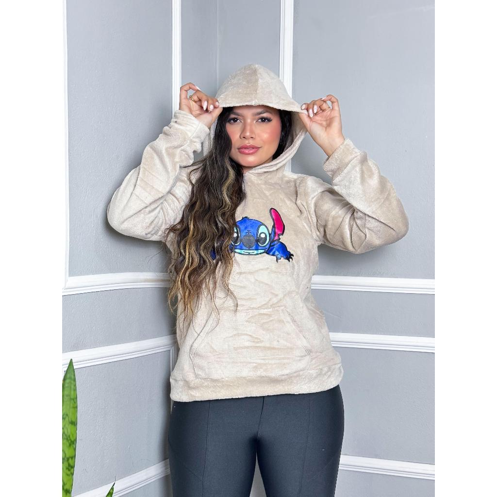 Blusa Moletom Feminina  Lilo Stitch Pelucia com Capuz - Estampa do Lilo Stitch - Super Confortável!