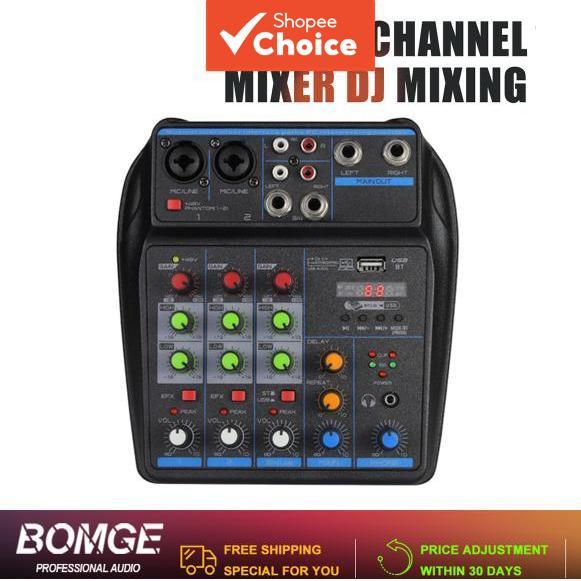 Misturador de 4 canais DJ Console de mistura com Bluetooth, potência fantasma 48V, monitor, sistema de karaokê com USB