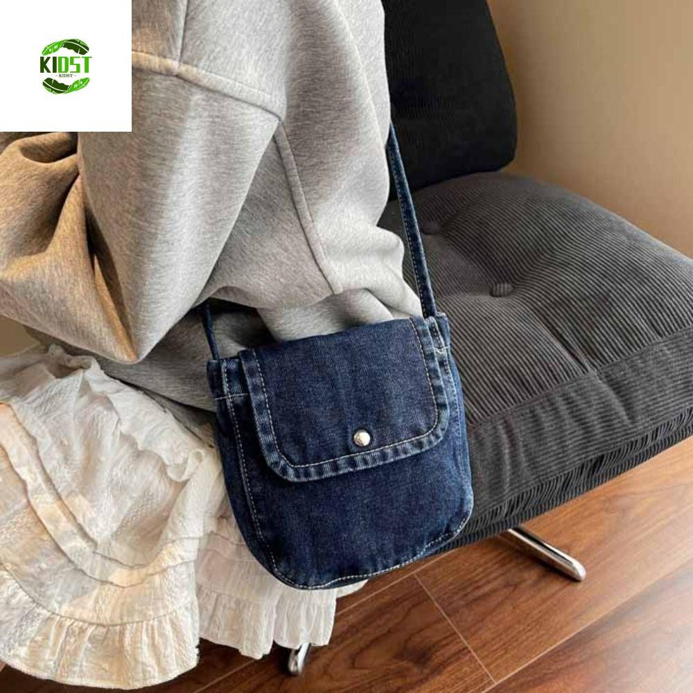 Bolsa de lona jeans KIDST, estilo vintage de rua, bolsa de compras de grande capacidade Y2K, bolsa transversal de cor só
