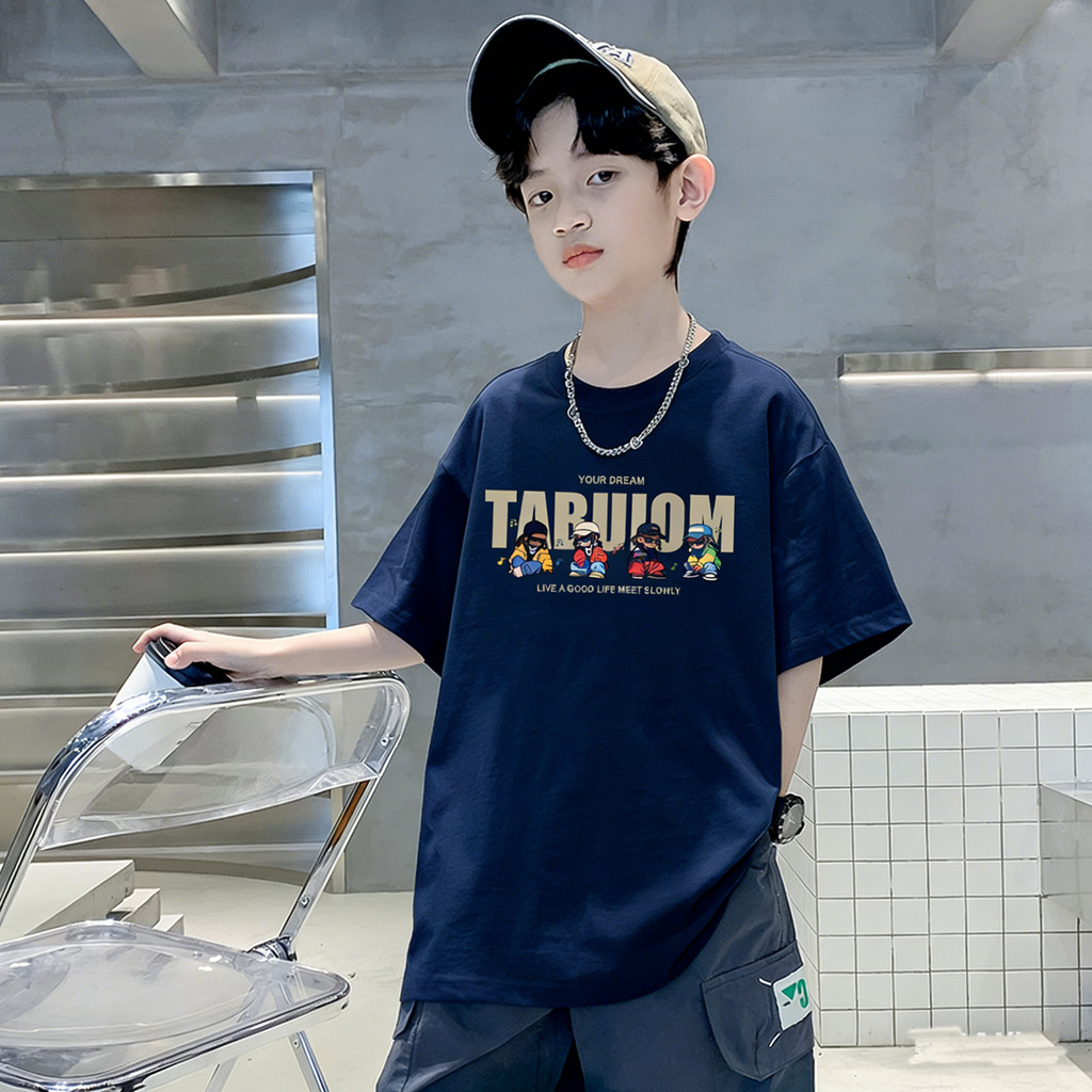 Crianças americano estilo Hip-Hop camiseta de manga curta meninos verão solto em torno do pescoço puro algodão na moda C