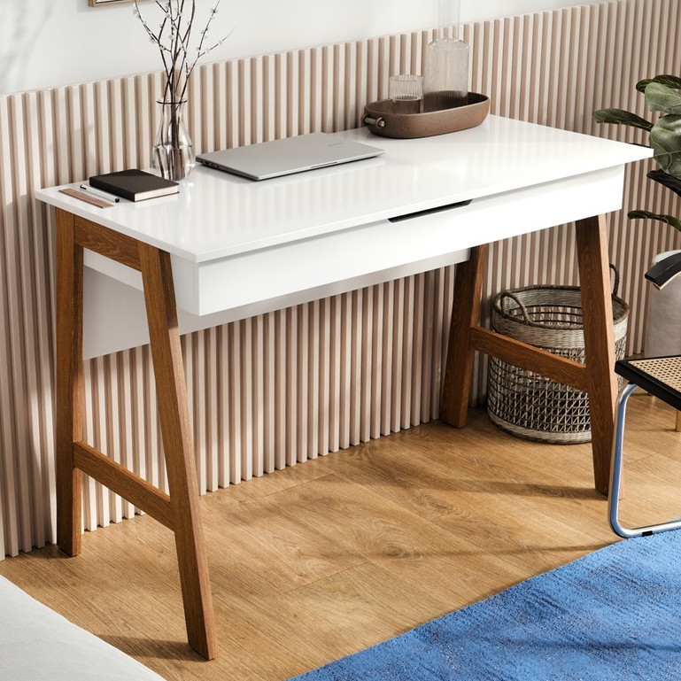 Escrivaninha Parma Pés de Madeira Maciça Penteadeira Office com Gaveta Design Moderno