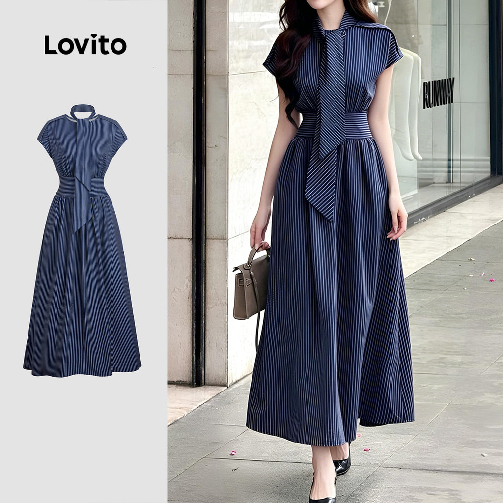 Lovito Vestido Azulmarinho de Primavera/verão com Cinto e Linhas Estruturadas Casual para Mulheres LBL35197