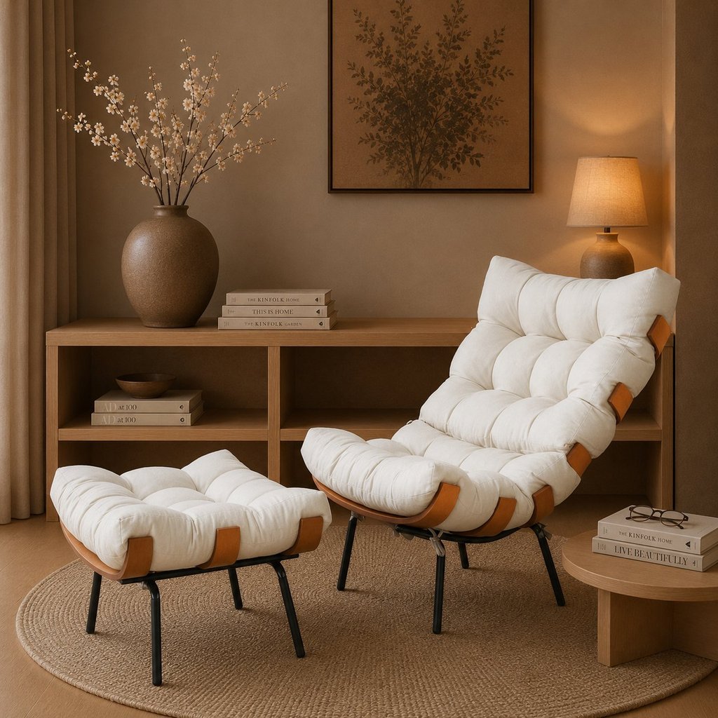 Poltrona em Linho Costela Sala de Estar com puff Bege/Off White Bege/Off White