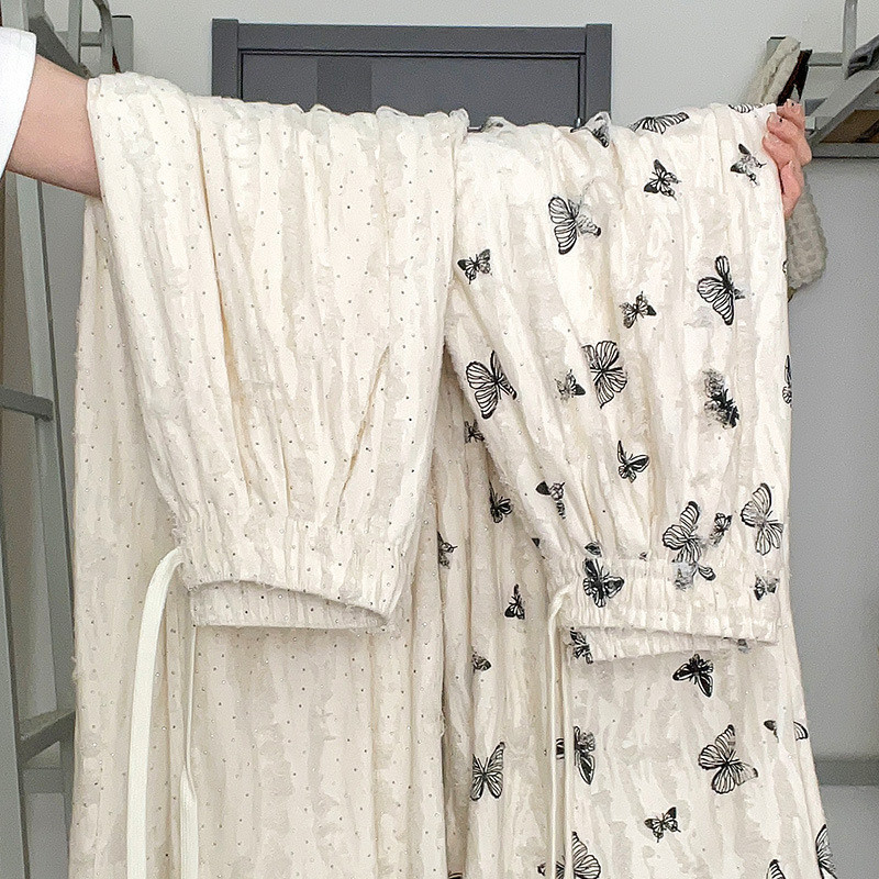 Calças femininas da marca Yamamoto com estampa de borboleta branca, rasgadas, de cintura alta, fluidas, casuais, com str