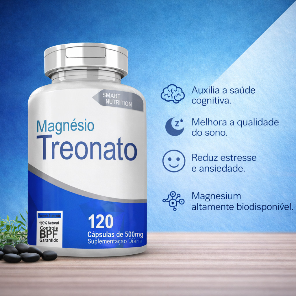 Magnésio Treonato 500mg 120 Cápsulas Suplemento Magnésio L-Treonato Memória Foco Sono Saúde Cerebral